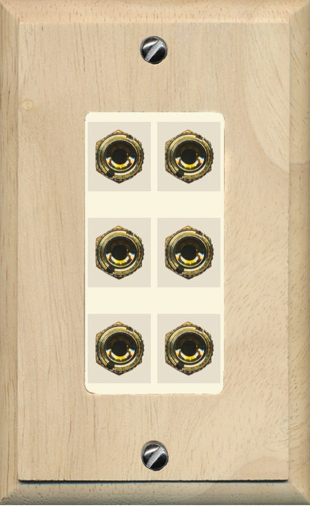 RiteAV 6 Banana 3 Speaker Surround Female Coupler Binding Post Wall Plate - 1 Gang Decorative [Wood/Light-Almond]