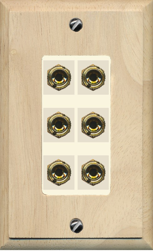 RiteAV 6 Banana 3 Speaker Surround Female Coupler Binding Post Wall Plate - 1 Gang Decorative [Wood/Light-Almond]