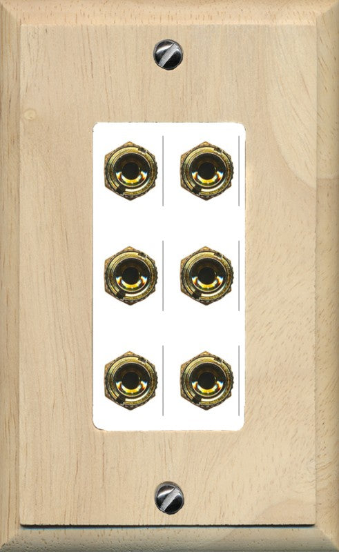 RiteAV 6 Banana 3 Speaker Surround Female Coupler Binding Post Wall Plate - 1 Gang Decorative [Wood/White]