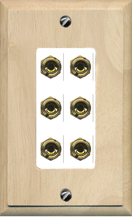 RiteAV 6 Banana 3 Speaker Surround Female Coupler Binding Post Wall Plate - 1 Gang Decorative [Wood/White]