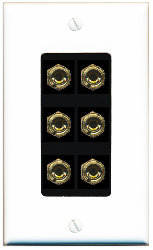 RiteAV 6 Banana 3 Speaker Surround Female Coupler Binding Post Wall Plate - 1 Gang Decorative [White/Black]