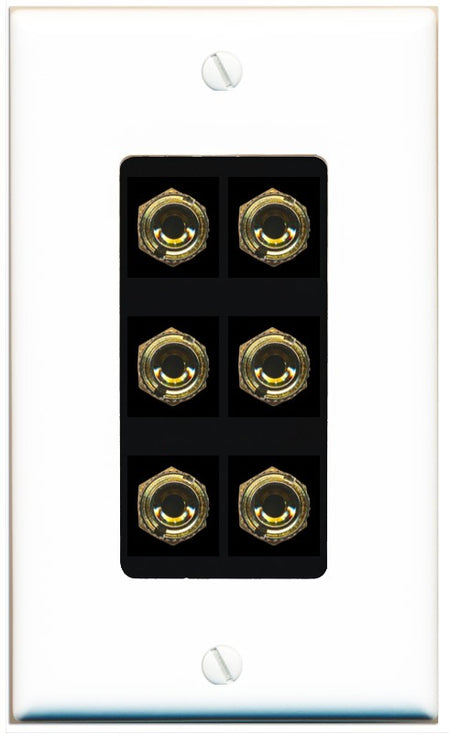 RiteAV 6 Banana 3 Speaker Surround Female Coupler Binding Post Wall Plate - 1 Gang Decorative [White/Black]