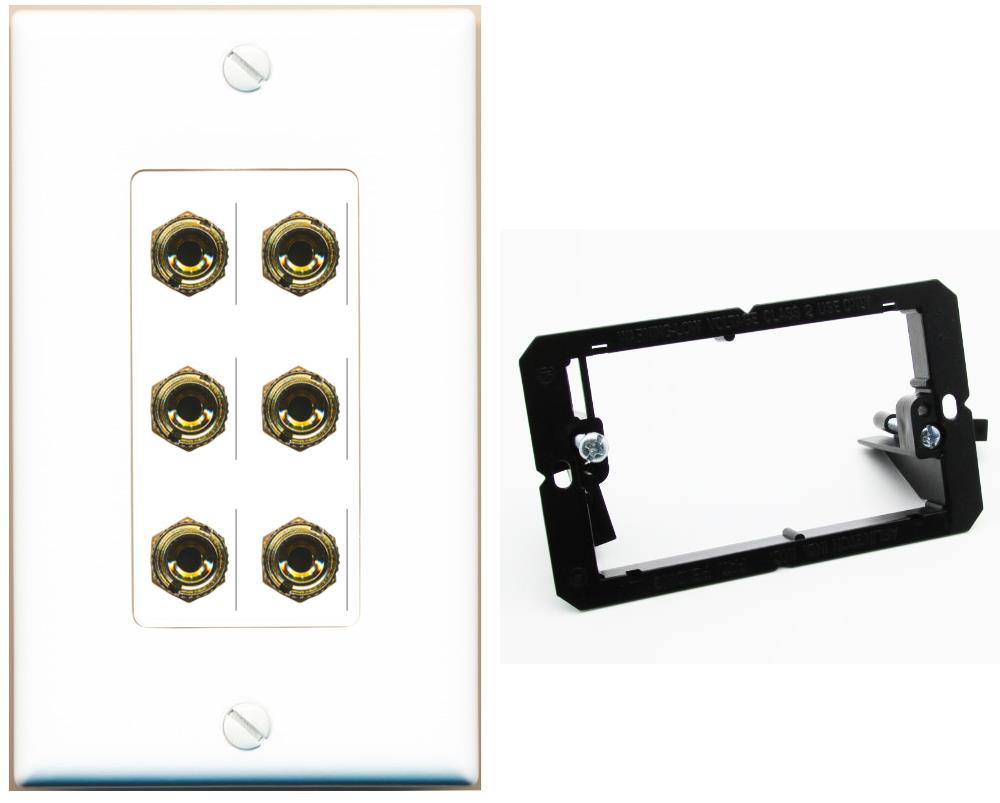 RiteAV 6 Banana 3 Speaker Surround Female Coupler Binding Post Wall Plate - Bracket [White]