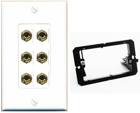 RiteAV 6 Banana 3 Speaker Surround Female Coupler Binding Post Wall Plate - Bracket [White]