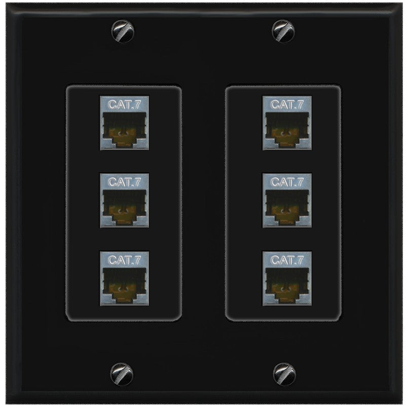 RiteAV 6 Port Cat7 Shielded Ethernet Wall Plate - 2 Gang [Black/Black]
