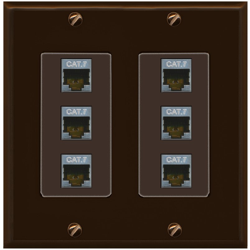 RiteAV 6 Port Cat7 Shielded Ethernet Wall Plate - 2 Gang [Brown/Brown]
