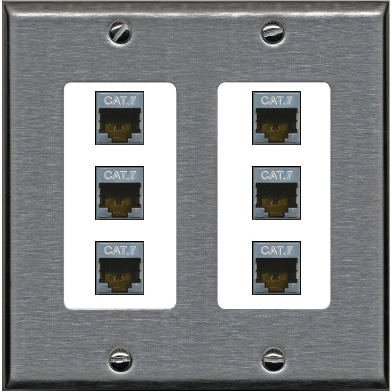 RiteAV 6 Port Cat7 Shielded Ethernet Wall Plate - 2 Gang [Stainless/White]