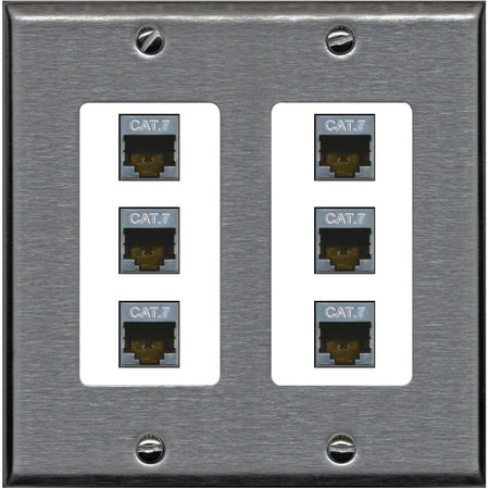 RiteAV 6 Port Cat7 Shielded Ethernet Wall Plate - 2 Gang [Stainless/White]