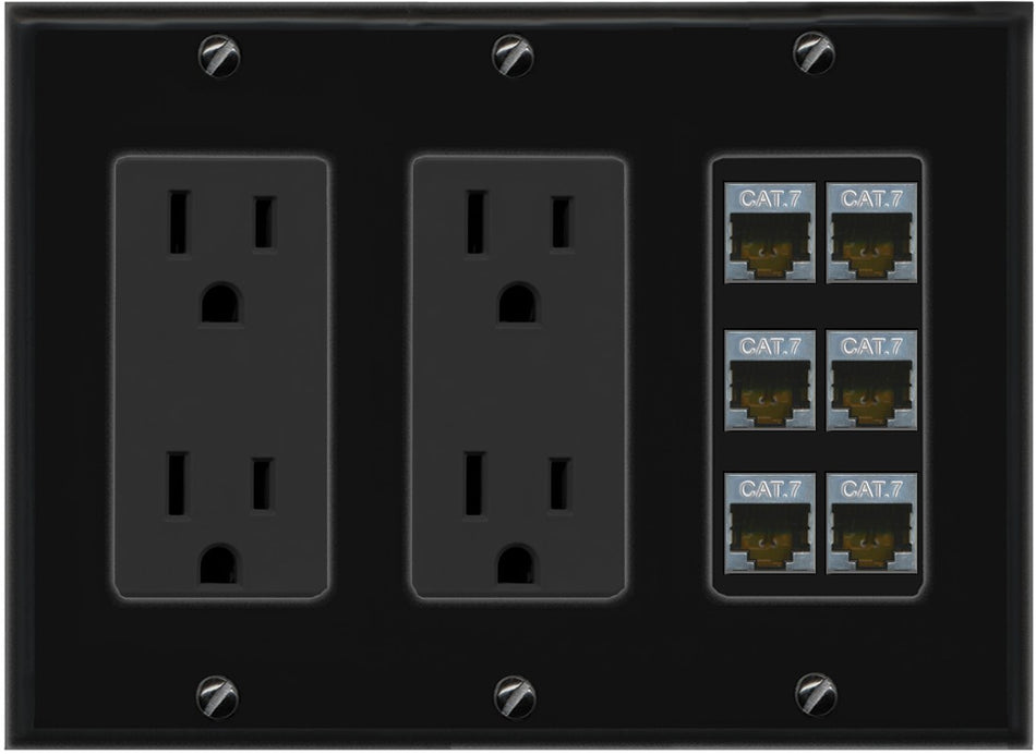 RiteAV 6 Port Cat7 Shielded Ethernet Wall Plate - 3 Gang 2 Outlet [Black/Black]