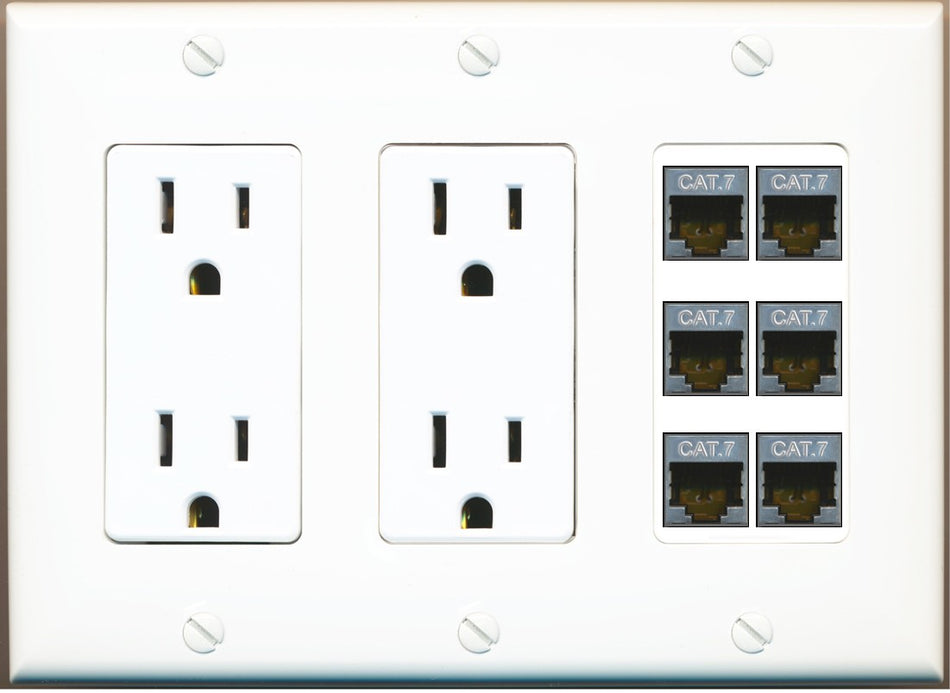 RiteAV 6 Port Cat7 Shielded Ethernet Wall Plate - 3 Gang 2 Outlet [White]