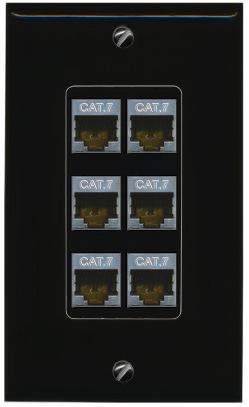 RiteAV 6 Port Cat7 Shielded Ethernet Wall Plate - 1 Gang Decorative [Black/Black]