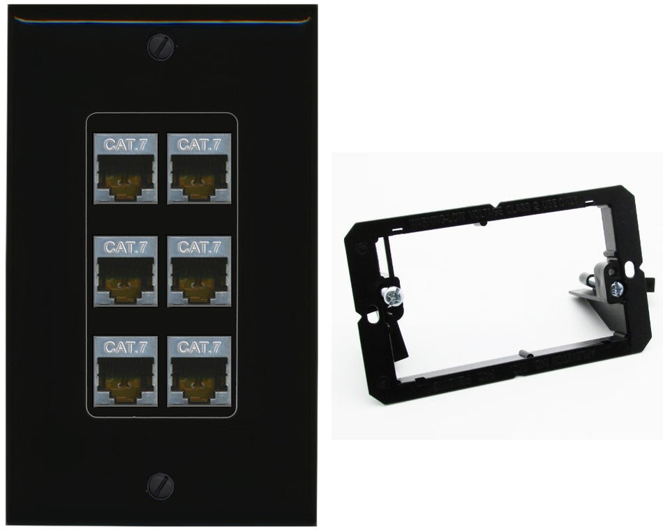 RiteAV 6 Port Cat7 Shielded Ethernet Wall Plate - Bracket [Black/Black]