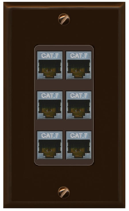 RiteAV 6 Port Cat7 Shielded Ethernet Wall Plate - 1 Gang Decorative [Brown/Brown]