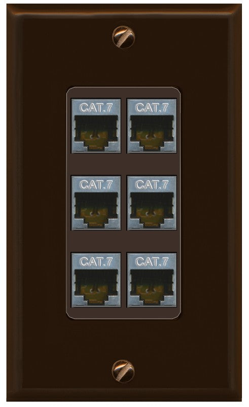 RiteAV 6 Port Cat7 Shielded Ethernet Wall Plate - 1 Gang Decorative [Brown/Brown]