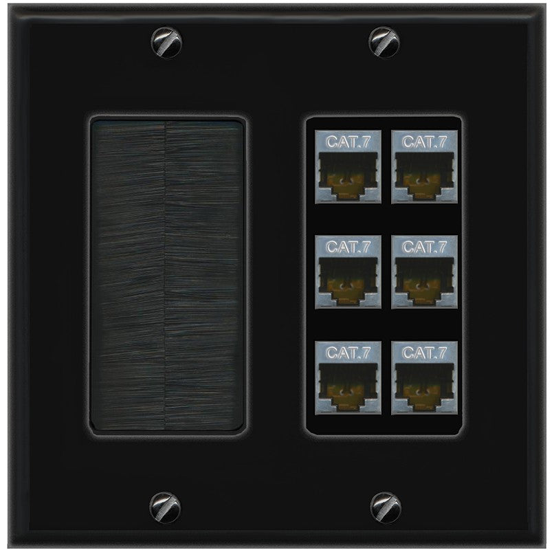 RiteAV 6 Port Cat7 Shielded Ethernet Wall Plate - Brush [Black/Black]
