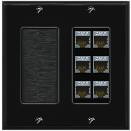 RiteAV 6 Port Cat7 Shielded Ethernet Wall Plate - Brush [Black/Black]
