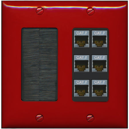 RiteAV 6 Port Cat7 Shielded Ethernet Wall Plate - Brush [Red/Black]