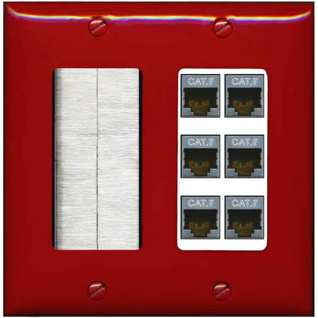 RiteAV 6 Port Cat7 Shielded Ethernet Wall Plate - Brush [Red/White]