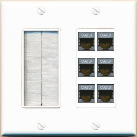 RiteAV 6 Port Cat7 Shielded Ethernet Wall Plate - Brush [White]