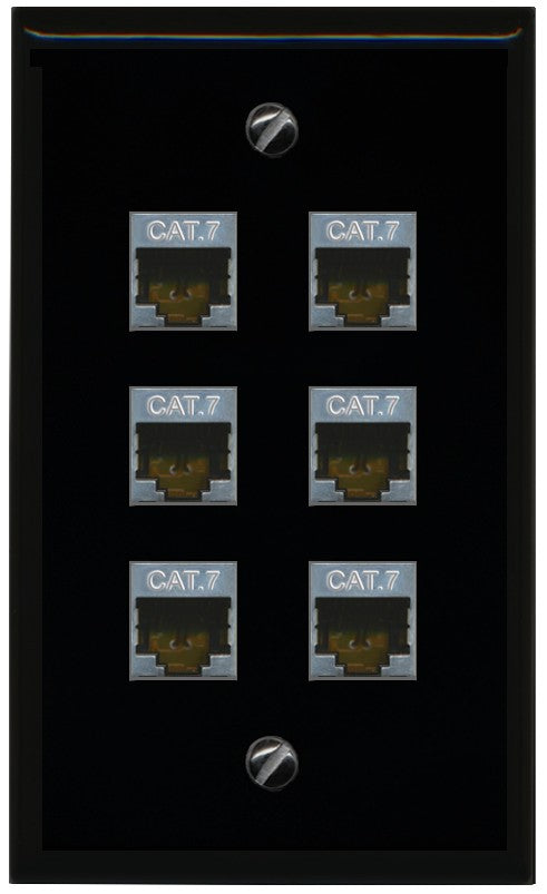 RiteAV 6 Port Cat7 Shielded Ethernet Wall Plate - Flat Style [Black/Black]