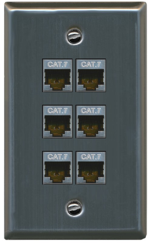 RiteAV 6 Port Cat7 Shielded Ethernet Wall Plate - Flat Style [Stainless Steel]