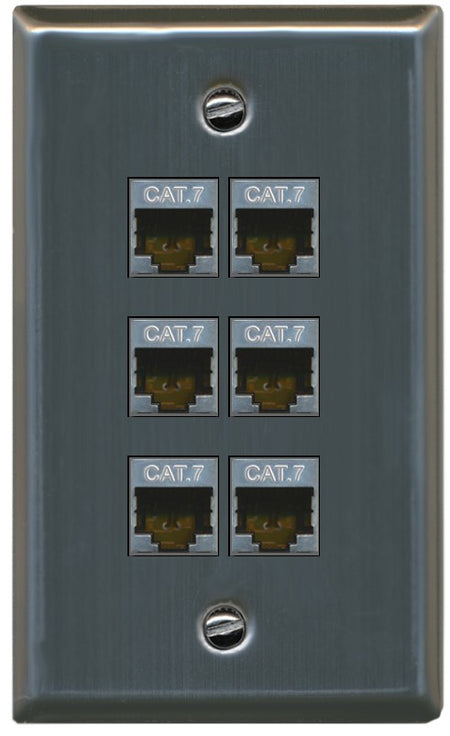RiteAV 6 Port Cat7 Shielded Ethernet Wall Plate - Flat Style [Stainless Steel]