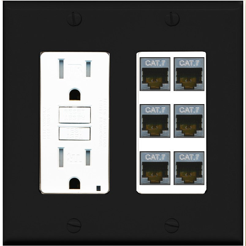 RiteAV 6 Port Cat7 Shielded Ethernet Wall Plate - GFCI Outlet [Black/White]