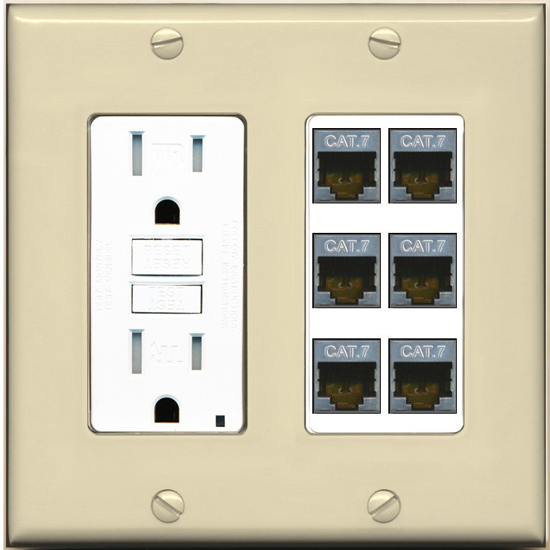 RiteAV 6 Port Cat7 Shielded Ethernet Wall Plate - GFCI Outlet [Ivory/White]