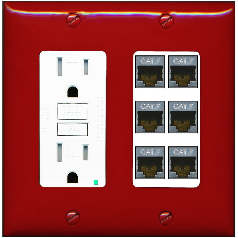 RiteAV 6 Port Cat7 Shielded Ethernet Wall Plate - GFCI Outlet [Red/White]
