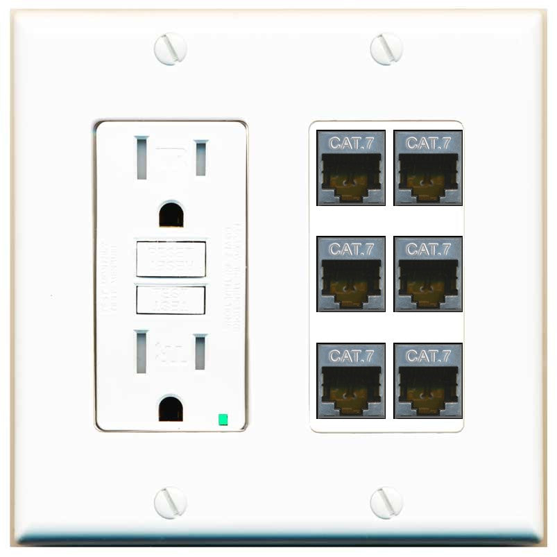RiteAV 6 Port Cat7 Shielded Ethernet Wall Plate - GFCI Outlet [White]