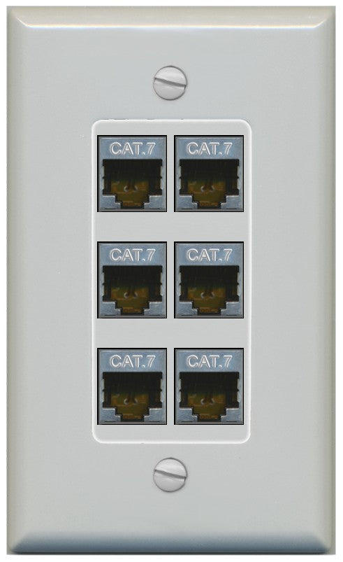 RiteAV 6 Port Cat7 Shielded Ethernet Wall Plate - 1 Gang Decorative [Gray/Gray]