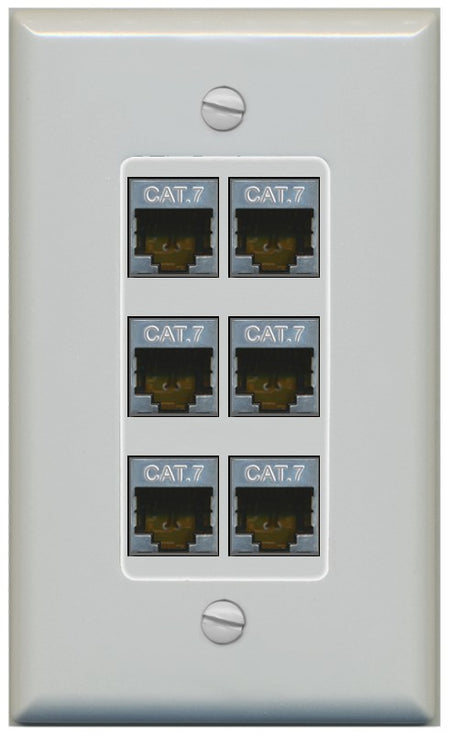 RiteAV 6 Port Cat7 Shielded Ethernet Wall Plate - 1 Gang Decorative [Gray/Gray]