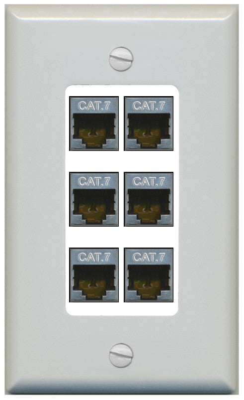 RiteAV 6 Port Cat7 Shielded Ethernet Wall Plate - 1 Gang Decorative [Gray/White]