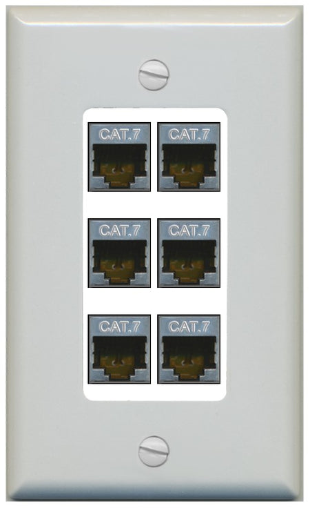 RiteAV 6 Port Cat7 Shielded Ethernet Wall Plate - 1 Gang Decorative [Gray/White]
