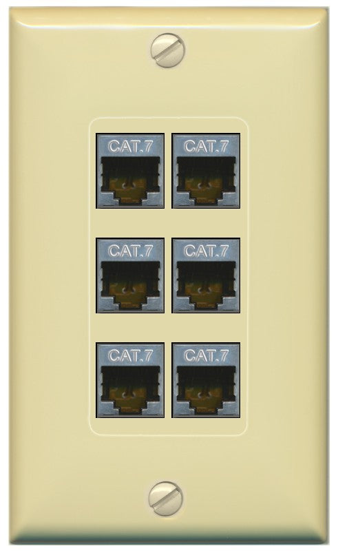 RiteAV 6 Port Cat7 Shielded Ethernet Wall Plate - 1 Gang Decorative [Ivory/Ivory]