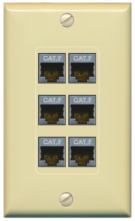 RiteAV 6 Port Cat7 Shielded Ethernet Wall Plate - 1 Gang Decorative [Ivory/Ivory]