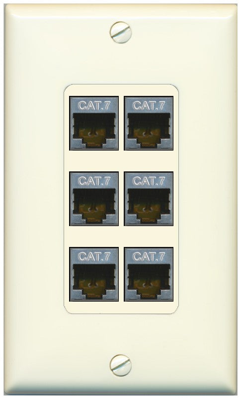 RiteAV 6 Port Cat7 Shielded Ethernet Wall Plate - 1 Gang Decorative [Light-Almond]