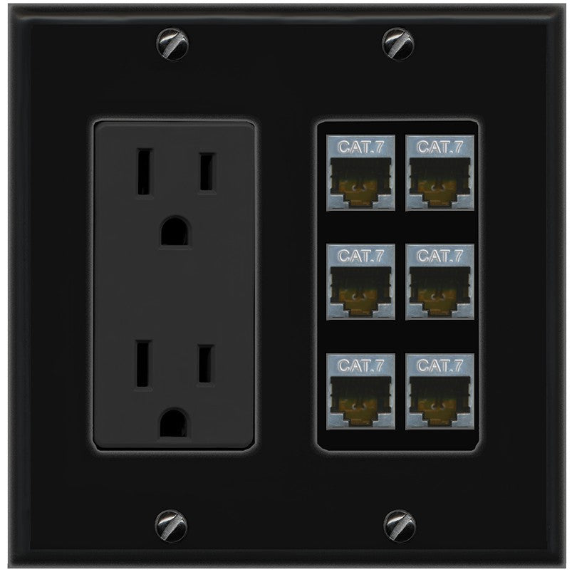 RiteAV 6 Port Cat7 Shielded Ethernet Wall Plate - Outlet [Black/Black]