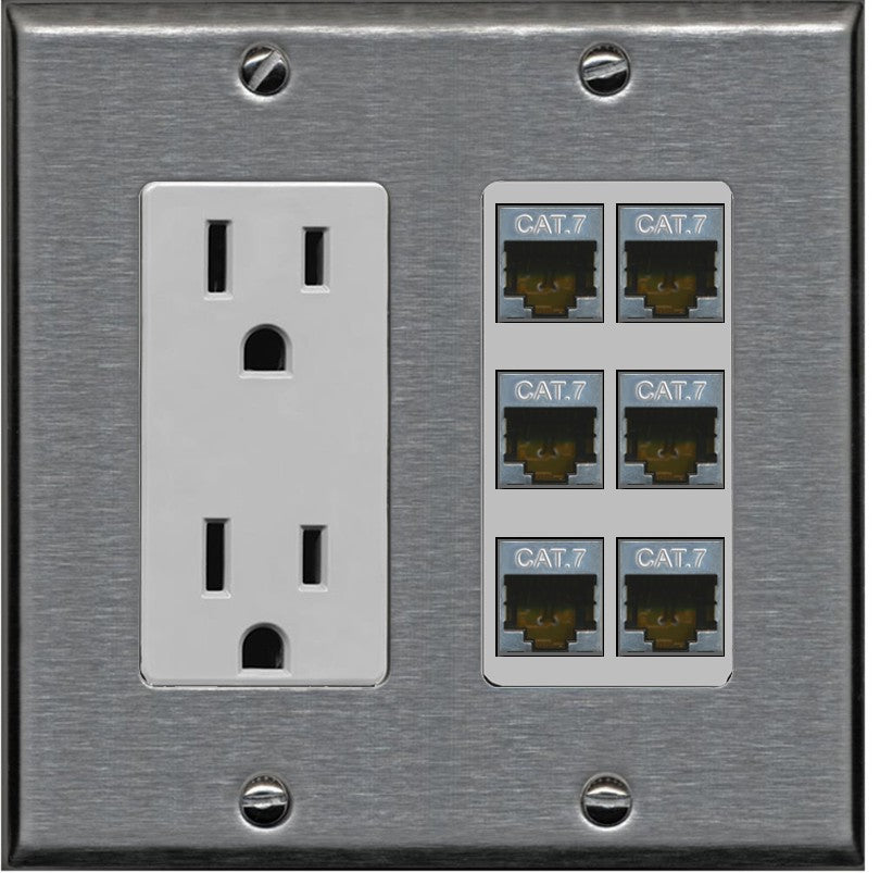 RiteAV 6 Port Cat7 Shielded Ethernet Wall Plate - Outlet [Stainless/Gray]