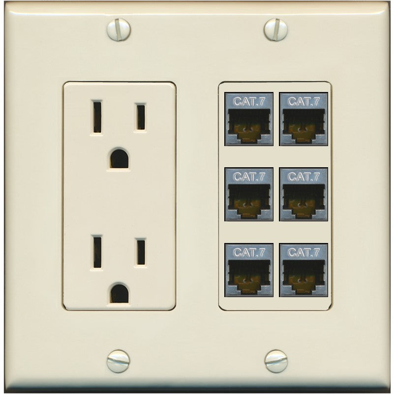 RiteAV 6 Port Cat7 Shielded Ethernet Wall Plate - Outlet [Light-Almond]