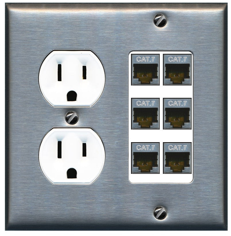 RiteAV 6 Port Cat7 Shielded Ethernet Wall Plate - Round Outlet [Stainless/White]