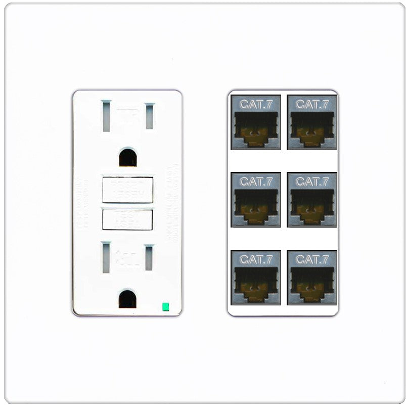 RiteAV 6 Port Cat7 Shielded Ethernet Wall Plate - GFCI Outlet [Screwless White]