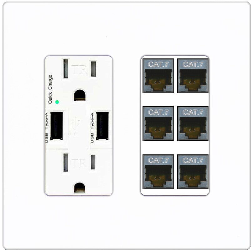 RiteAV 6 Port Cat7 Shielded Ethernet Wall Plate - USB Outlet [Screwless White]