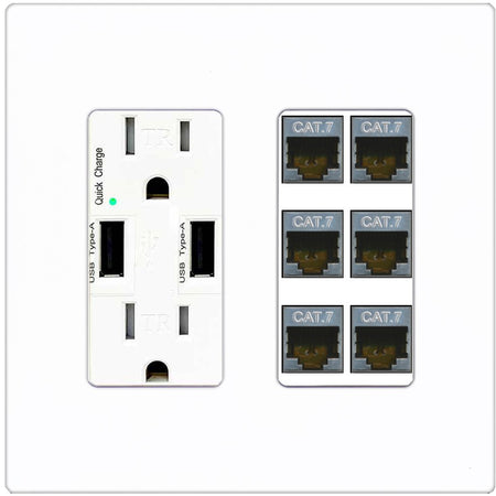 RiteAV 6 Port Cat7 Shielded Ethernet Wall Plate - USB Outlet [Screwless White]