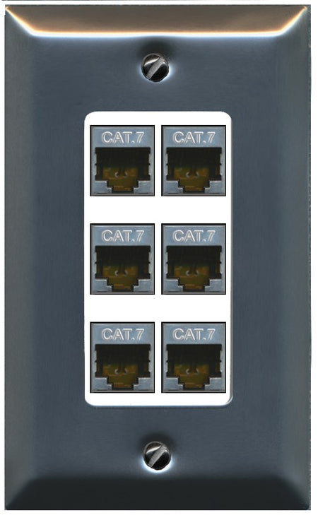 RiteAV 6 Port Cat7 Shielded Ethernet Wall Plate - 1 Gang Decorative [Stainless/White]