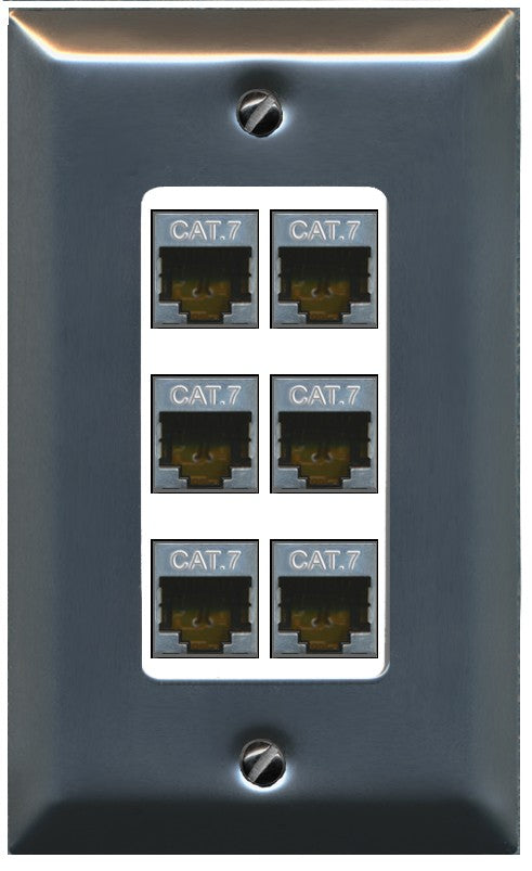RiteAV 6 Port Cat7 Shielded Ethernet Wall Plate - 1 Gang Decorative [Stainless/White]