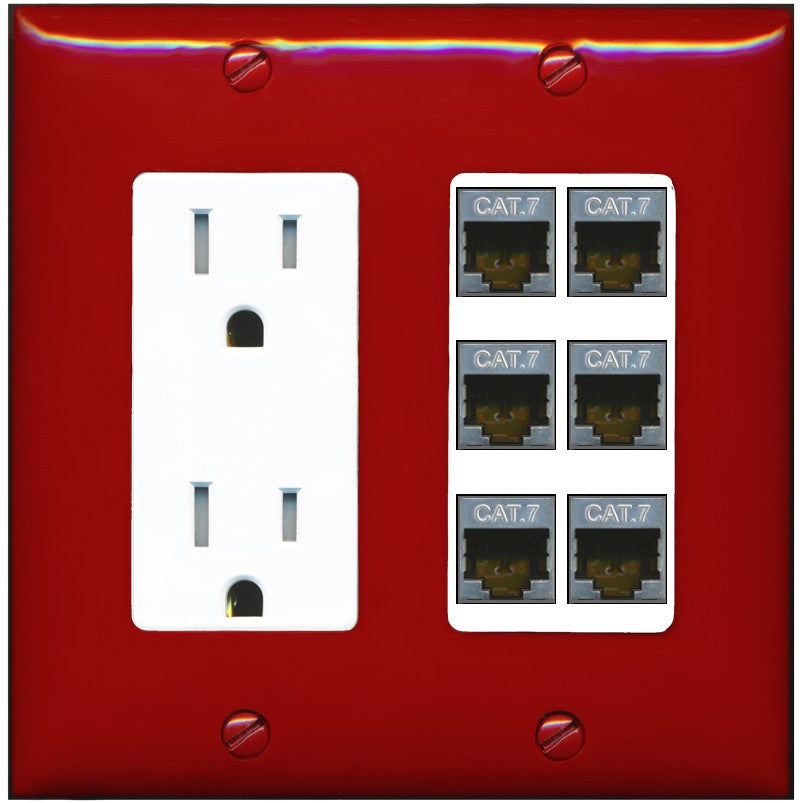RiteAV 6 Port Cat7 Shielded Ethernet Wall Plate - Tamper-Resistant Outlet [Red/White]