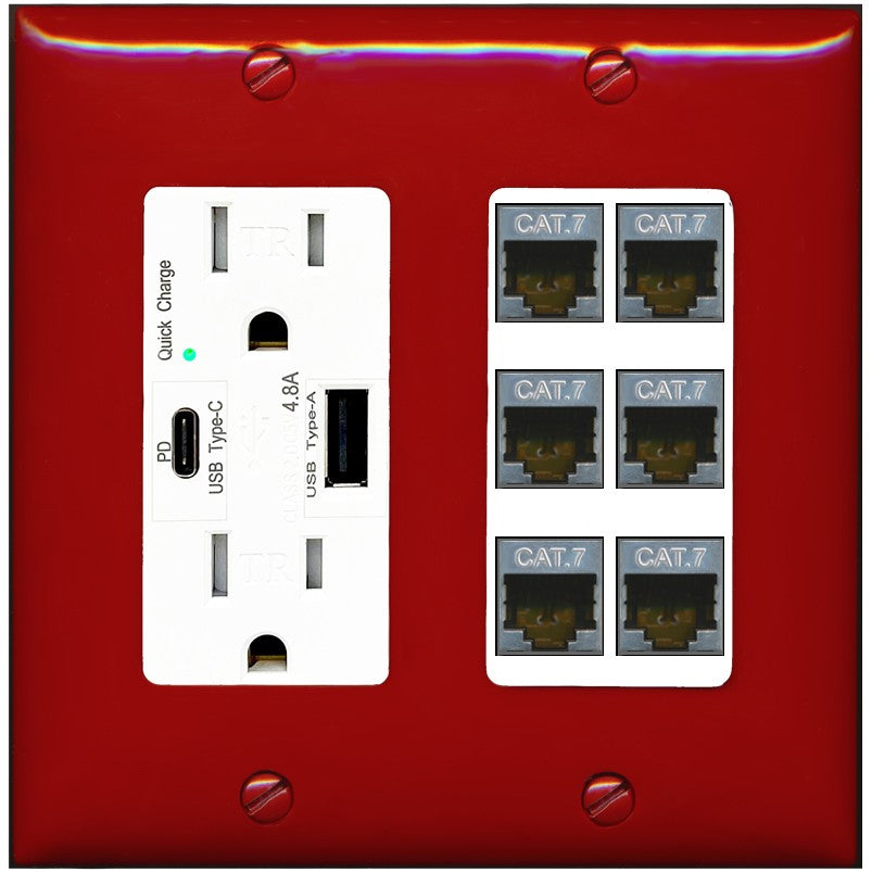 RiteAV 6 Port Cat7 Shielded Ethernet Wall Plate - USB A+C Outlet [Red/White]