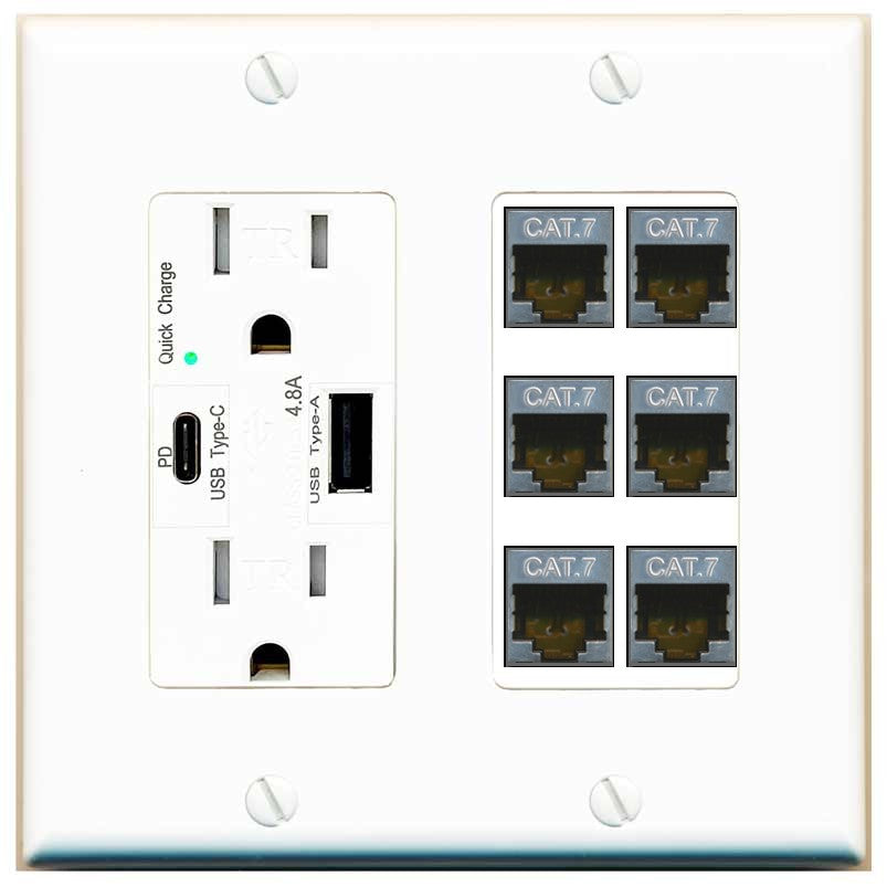 RiteAV 6 Port Cat7 Shielded Ethernet Wall Plate - USB A+C Outlet [White]