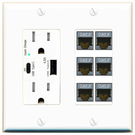 RiteAV 6 Port Cat7 Shielded Ethernet Wall Plate - USB A+C Outlet [White]